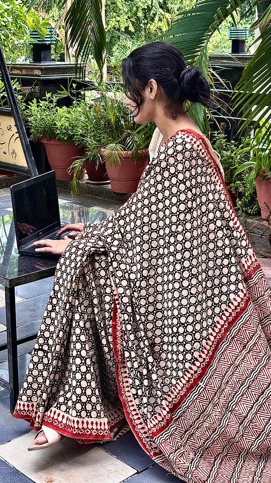 Ruhani Cotton Mulmul Hand Block Print Hand embroidered saree