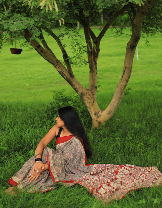 Noor Cotton Mulmul Hand Block Print Hand embroidered saree