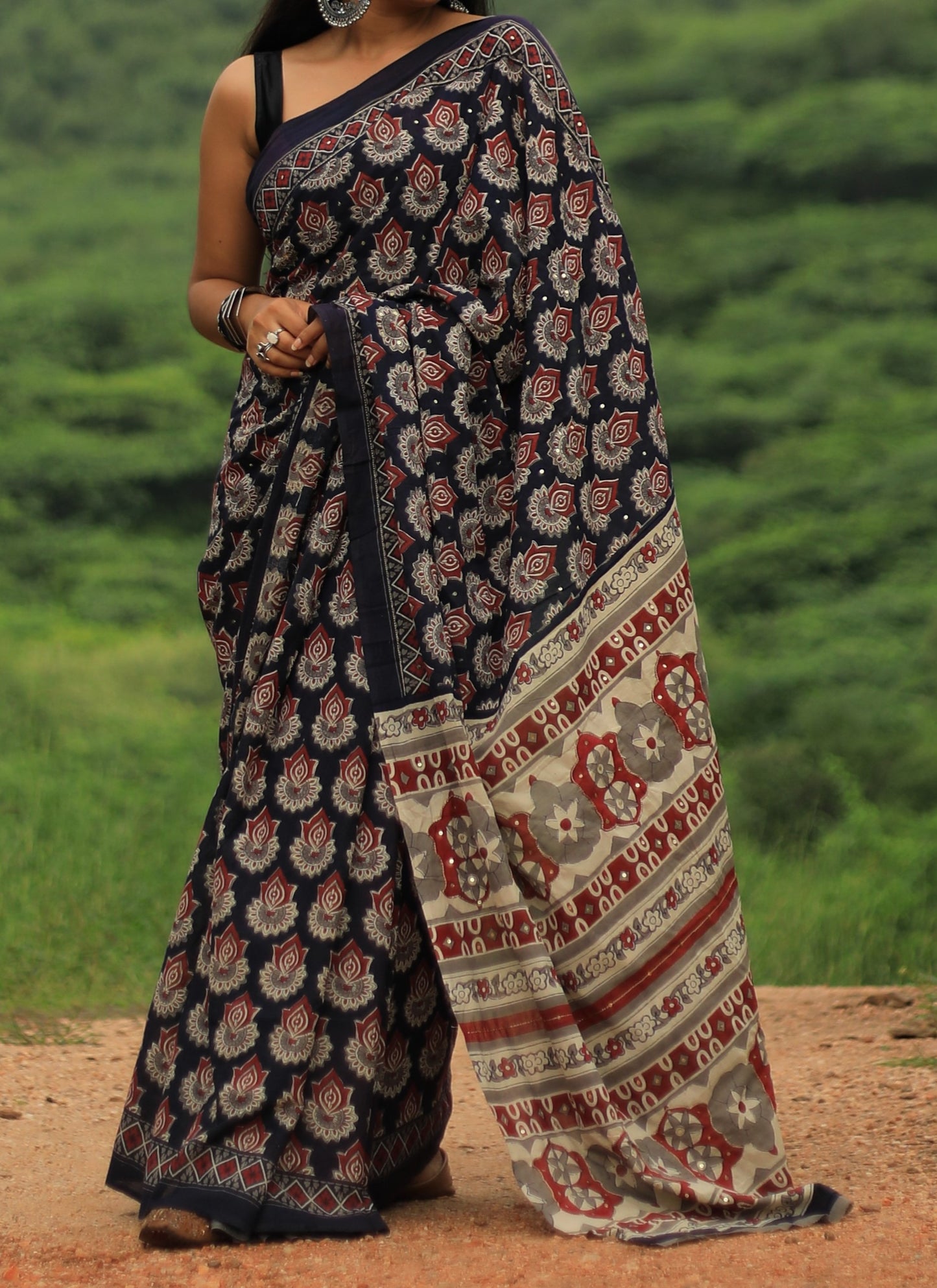 Vanika Cotton Mulmul Hand Block Print Hand embroidered saree