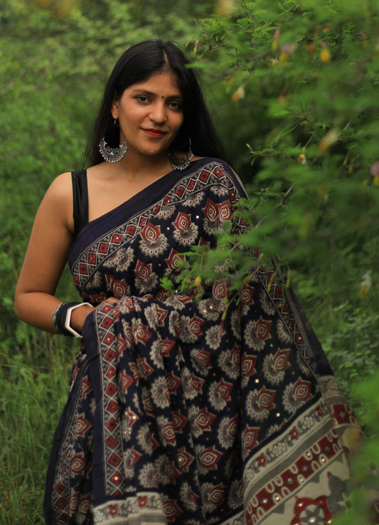 Vanika Cotton Mulmul Hand Block Print Hand embroidered saree