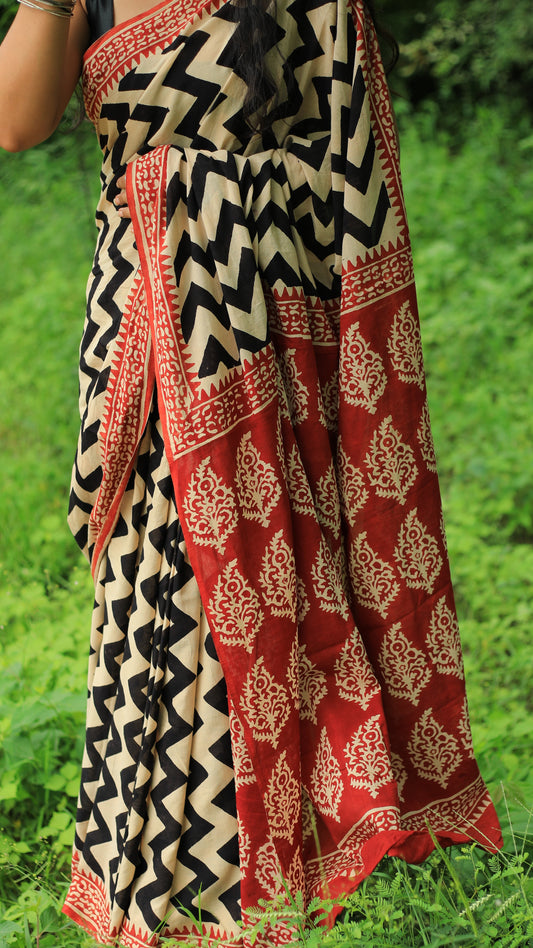 Raag Cotton Mulmul Hand Block Print saree