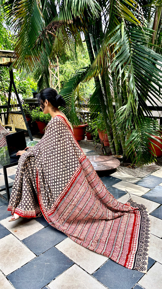 Ruhani Cotton Mulmul Hand Block Print Hand embroidered saree